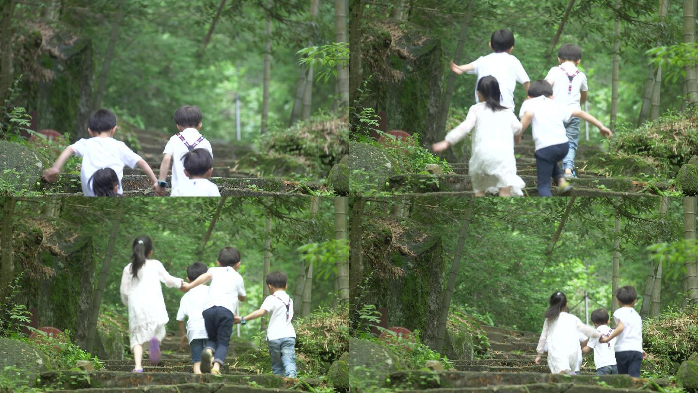 森林中儿童在快乐地奔跑