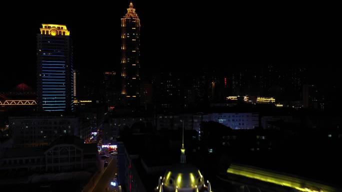 哈尔滨防洪纪念塔广场地标夜景航拍4K