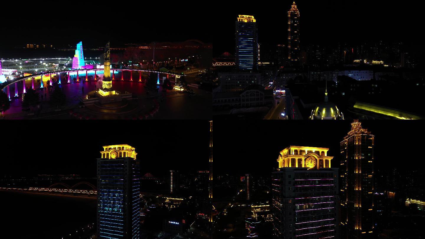 哈尔滨防洪纪念塔广场地标夜景航拍4K