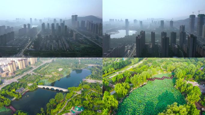 枣庄龙潭公园荷花池、新城晨雾4K高清视频