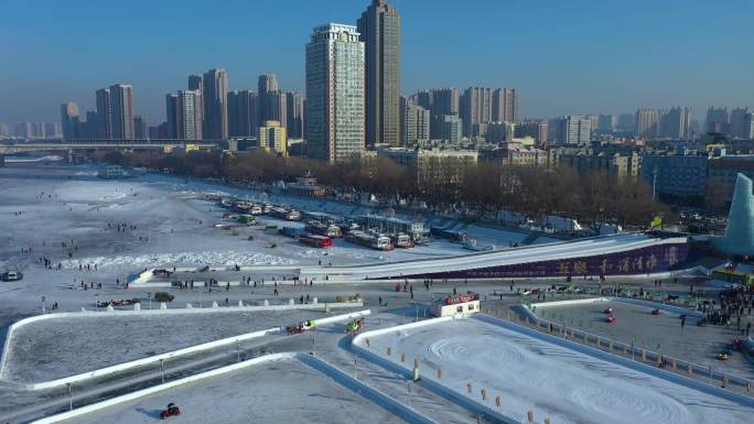 哈尔滨松花江冰雪项目江畔城市地标建筑航拍