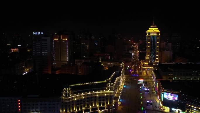 哈尔滨防洪纪念塔广场地标夜景2航拍4K
