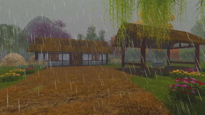 古代茅草屋农家小院雨景01