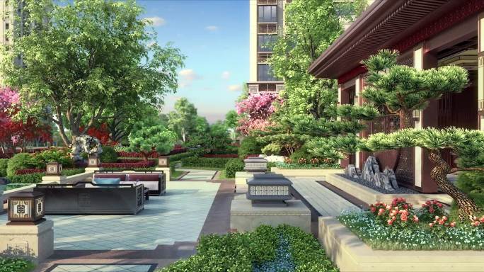 新中式园林中轴景观中庭休息空间景观会客厅