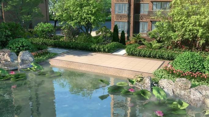 新中式园林景观会客厅亲水平台水系庭院绿荫