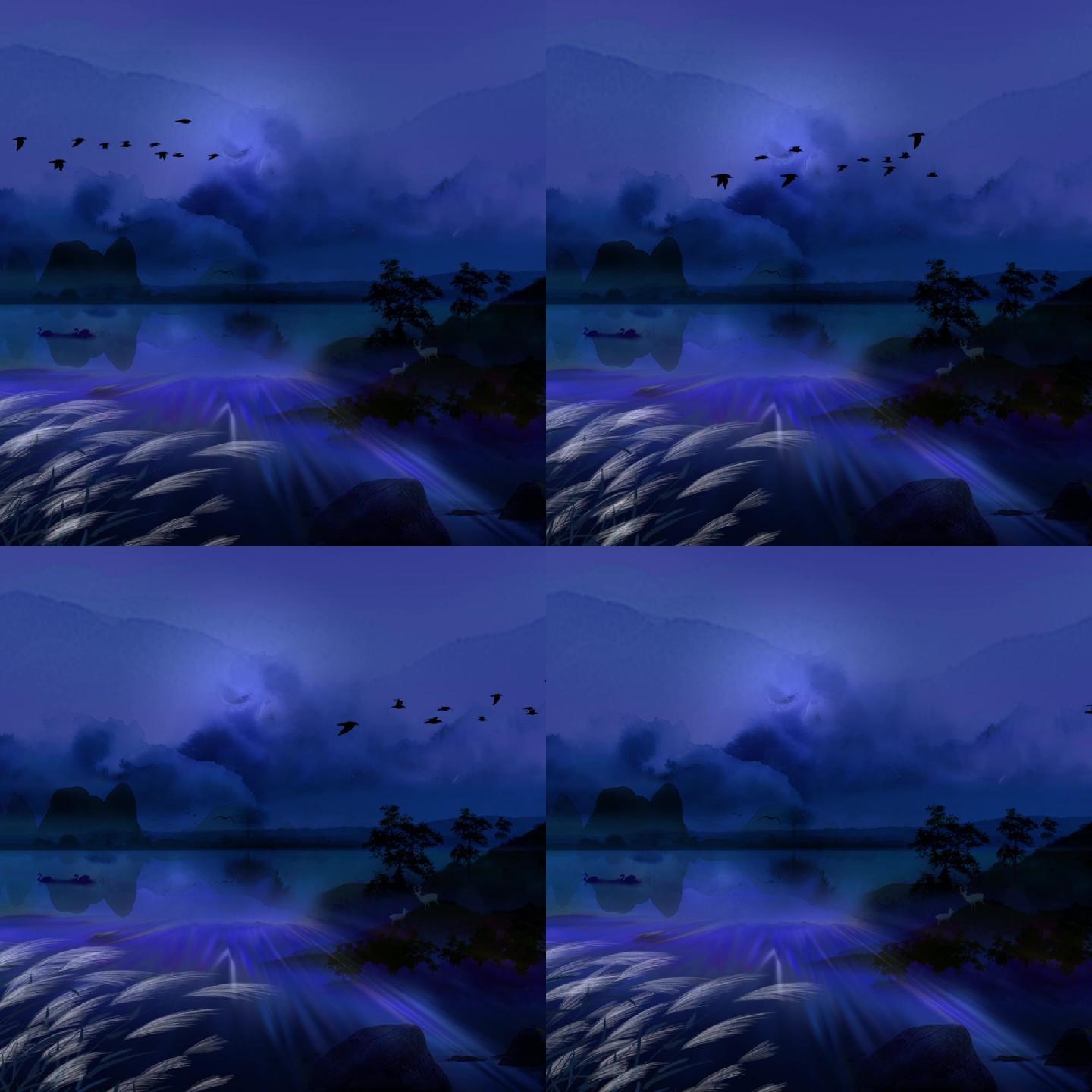 湖边夜晚飞鸟LED大屏背景动画