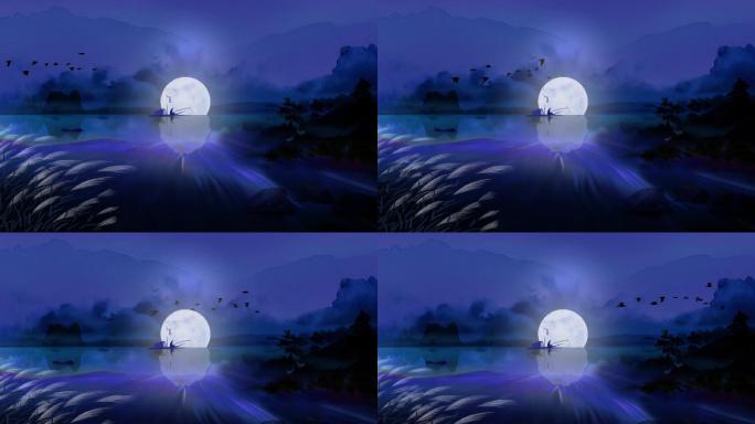湖边夜晚明月飞鸟LED大屏背景动画