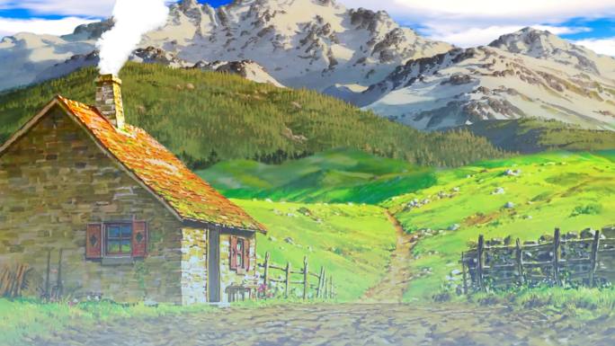 卡通草原高山欧洲房子背景