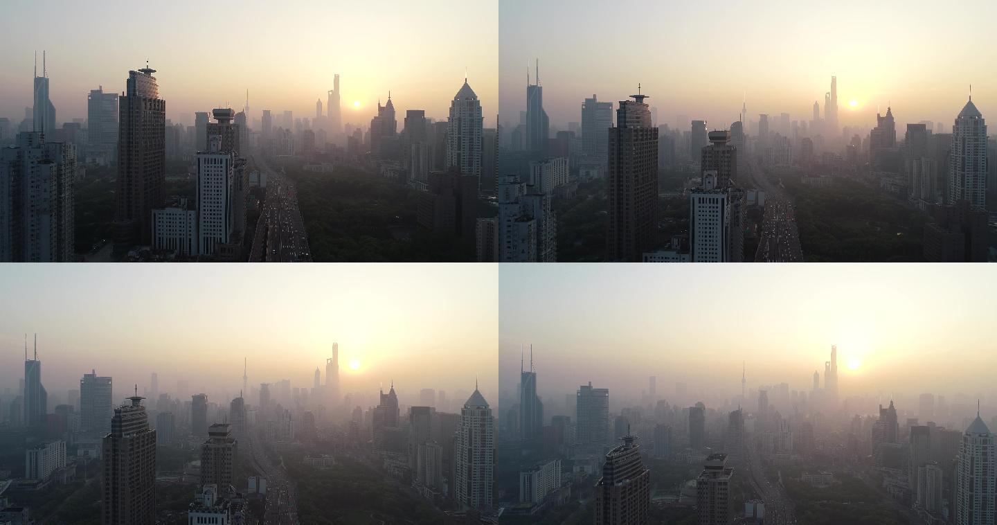 航拍上海早晨日出