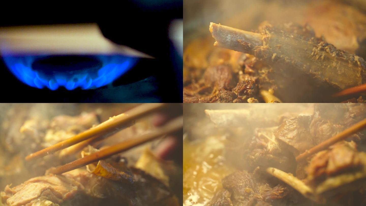 暖色调美食家庭版铁锅炖新疆马肉马肠子