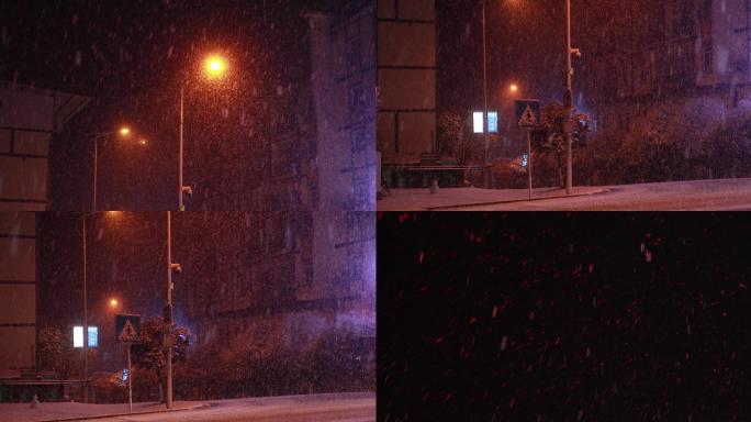 城市路口飘雪夜晚路灯空镜头（可商用）