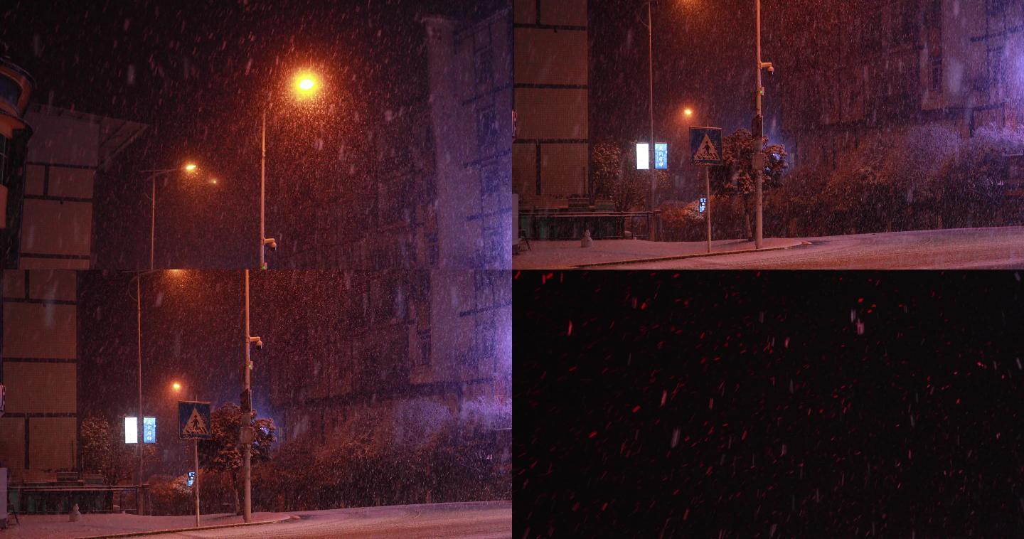 城市路口飘雪夜晚路灯空镜头（可商用）