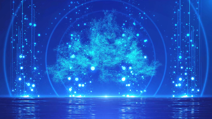 4k唯美蓝色荧光粒子树舞台背景视频