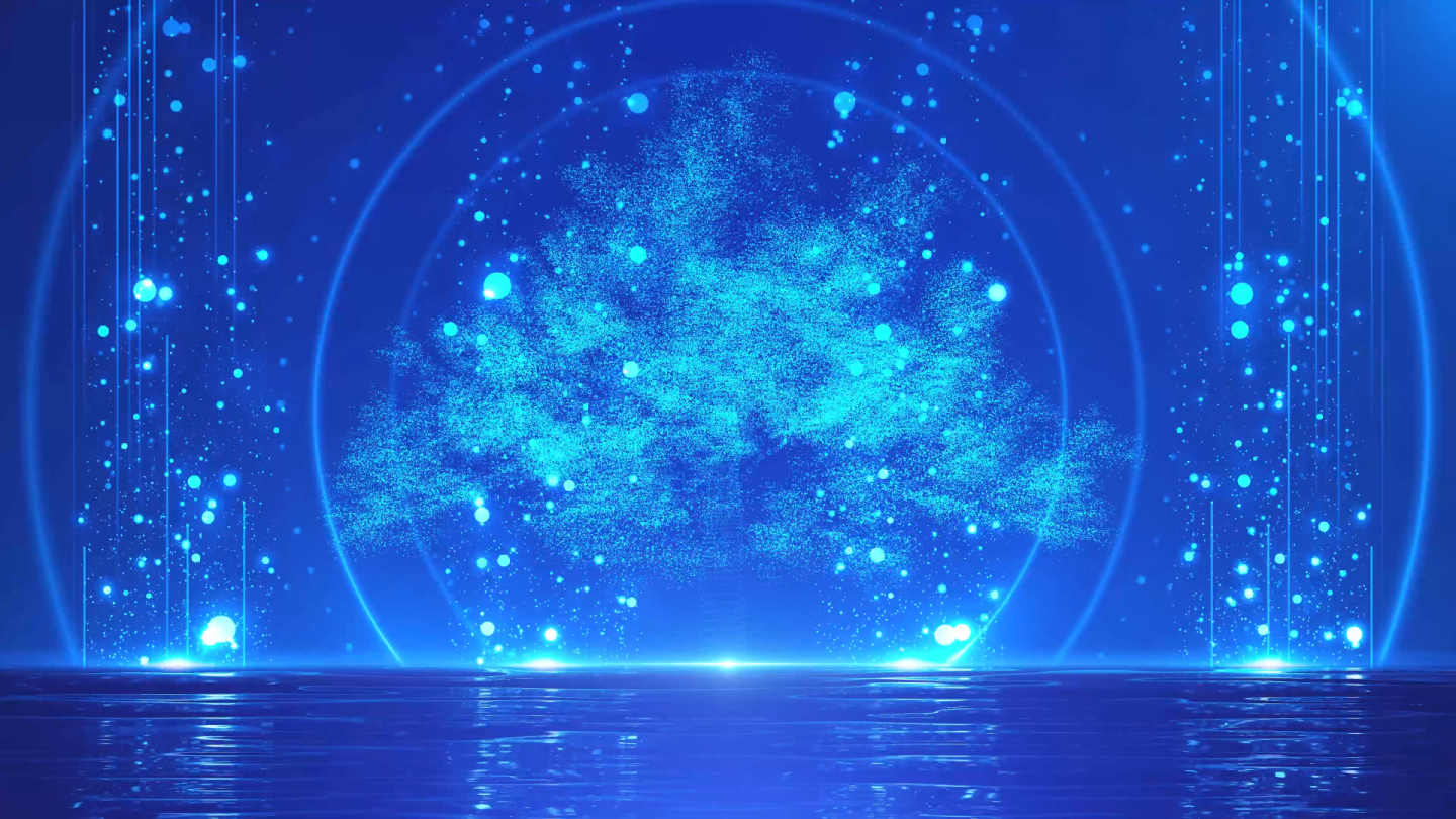 4k唯美蓝色荧光粒子树舞台背景视频