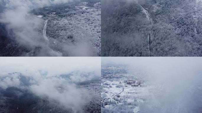 航拍山地密境雾凇雪景一片苍茫（可商用）