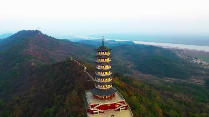 江西省九江市都昌县鄱阳湖灵运宝塔航拍4K