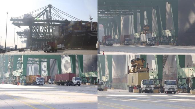 天津港货轮港口集装箱装载延时车队货运码头