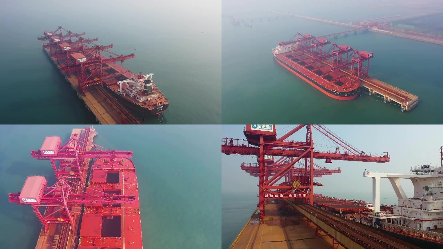 4K航拍青岛港40万吨级矿石码头、卸船
