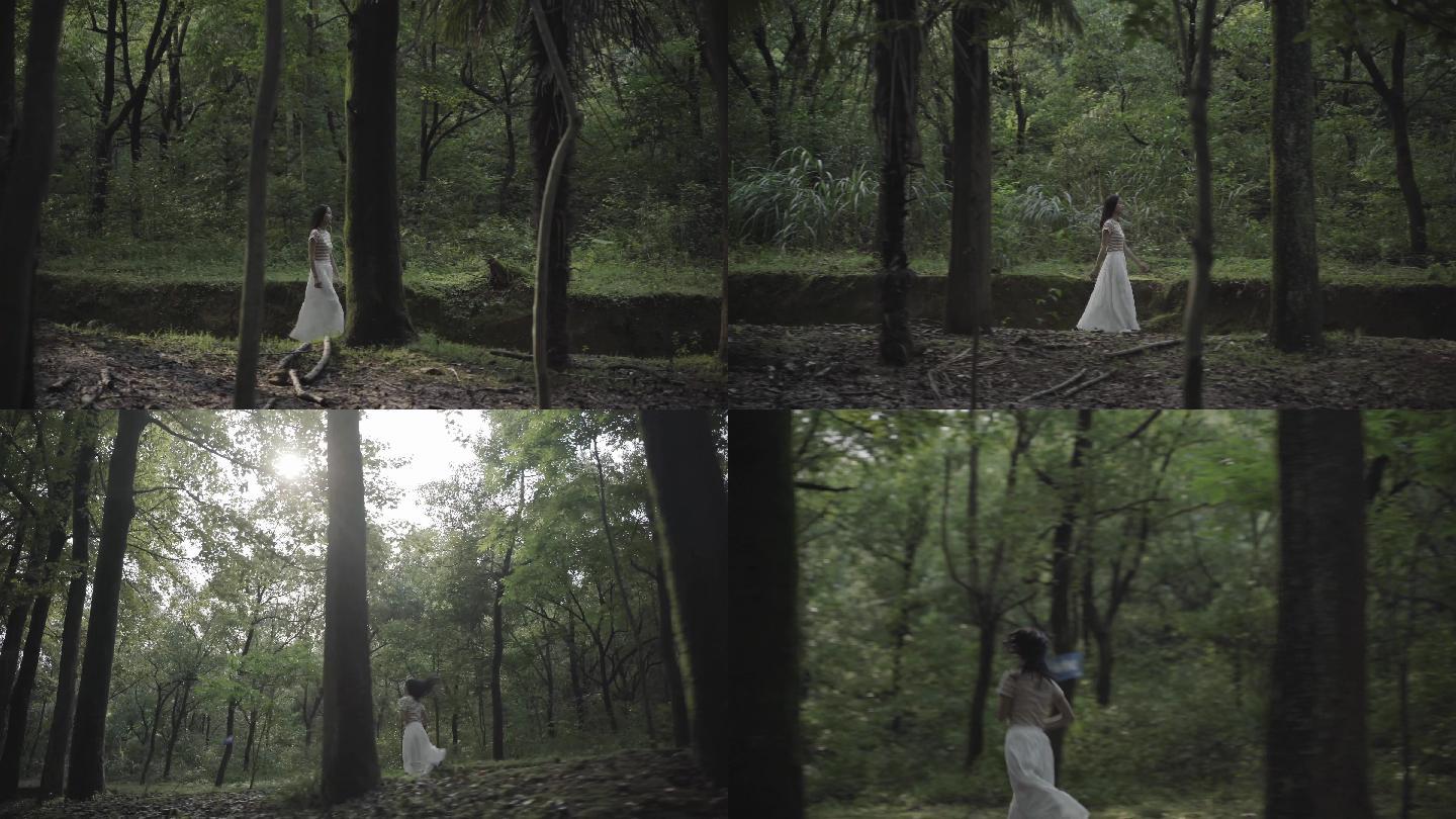 女孩树林奔跑白裙大自然森系脚