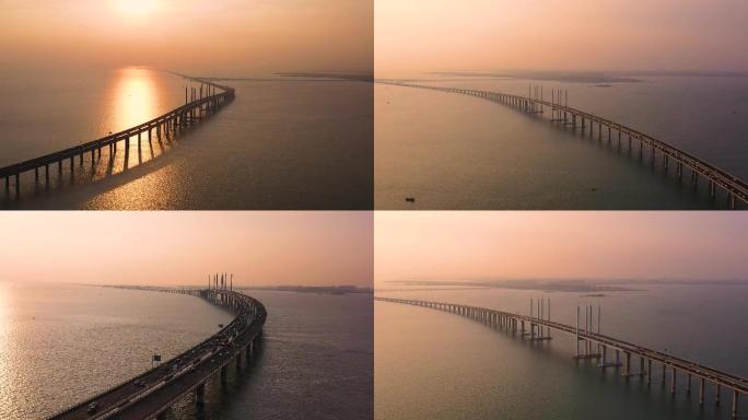 4K航拍青岛胶州湾跨海大桥黄昏日落