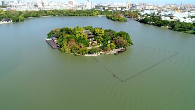 航拍嘉兴南湖红船湖心岛烟雨楼