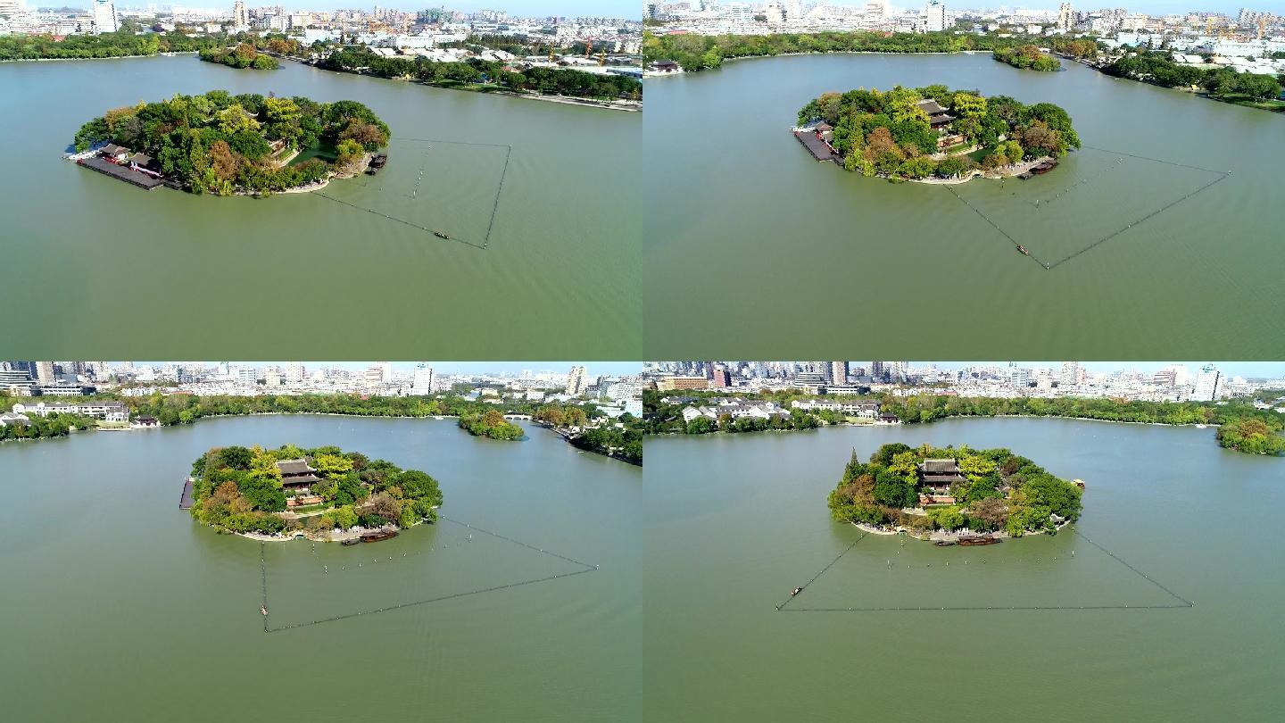 航拍嘉兴南湖红船湖心岛烟雨楼