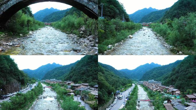 陕西终南山寨 农村小溪流航拍