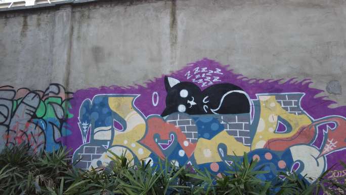 可爱小黑猫墙绘涂鸦艺术