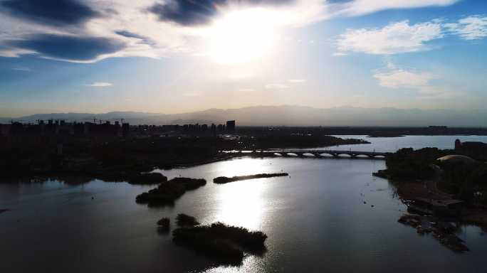 宁夏国际会堂，阅海湾，银川航拍夕阳，4K