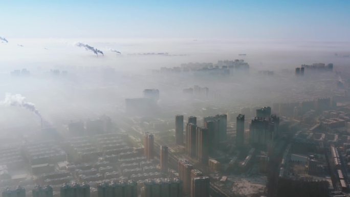 4K哈尔滨城市航拍冬季雾霾平流雾