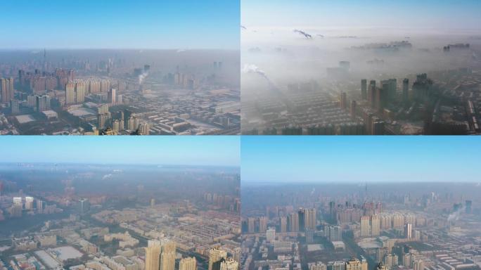 4K哈尔滨城市航拍冬季雾霾平流雾
