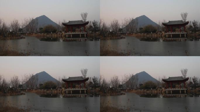 山东济南冬天黄昏的华山历史文化湿地公园
