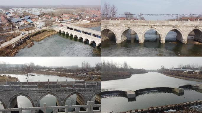 4K冰冻的河面古桥与乡村