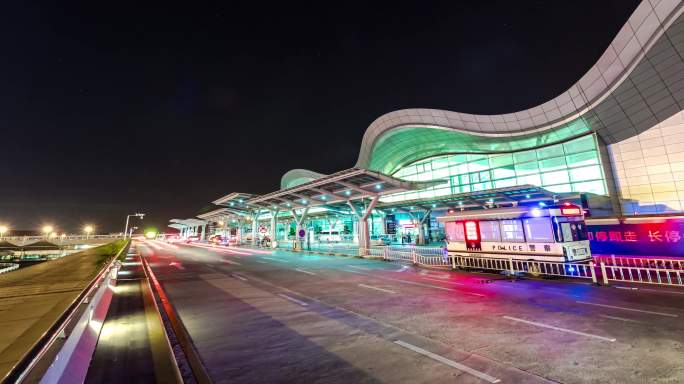 杭州萧山机场航站楼出发天桥车流延时摄影
