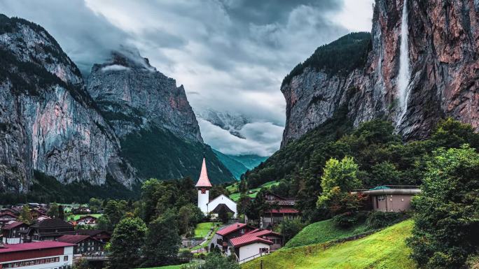 欧洲瑞士阿尔卑斯山川瀑布航拍延时摄影