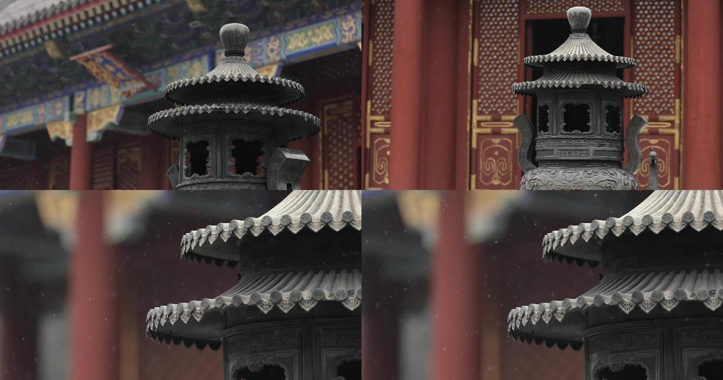 北京颐和园铜制香炉唯美雪景4k