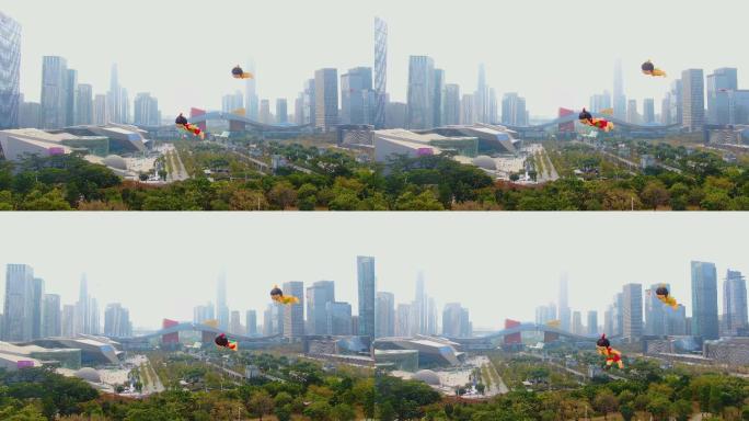 写意风深圳市民中心航拍放风筝-象征自由和