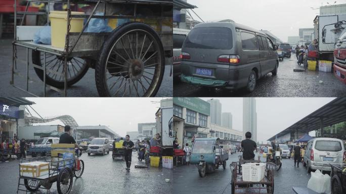 水产市场三轮车背影老人生活辛苦