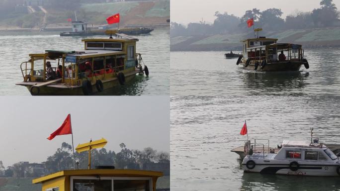 江边河上过渡船只船只上的红旗
