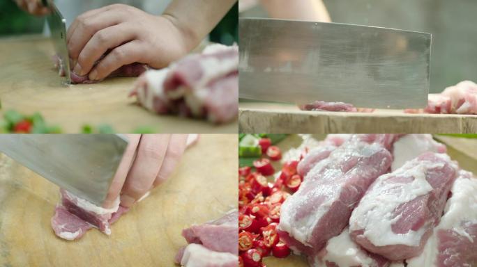 新鲜猪肉切五花肉多角度高清素材