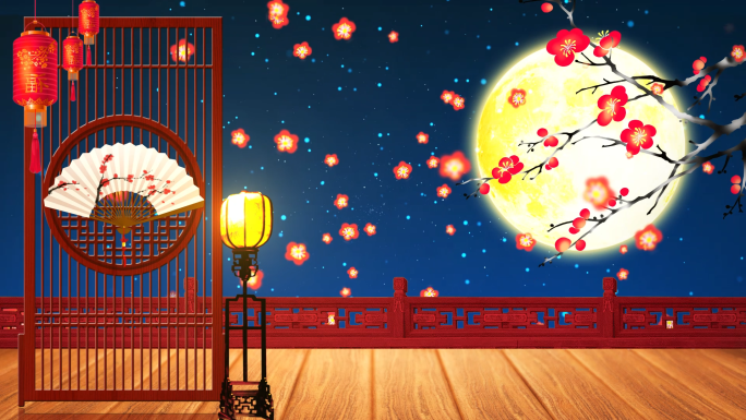 中国风戏台屏风月亮梅花舞台背景视频