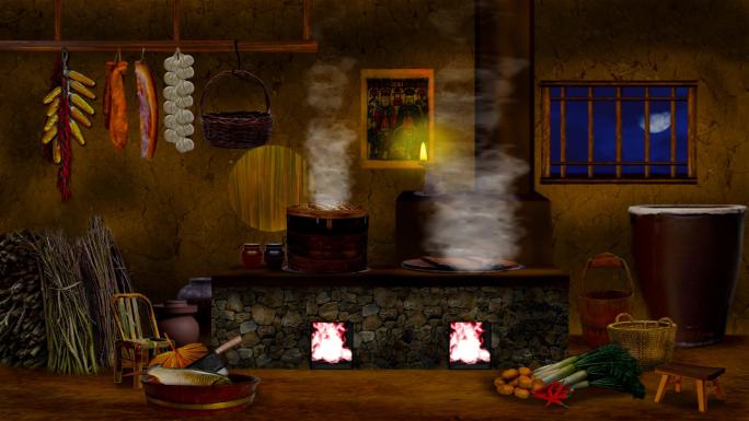 古代乡村灶台厨房伙房-夜晚背景