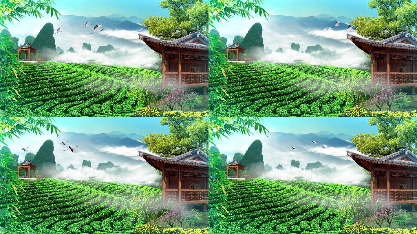 原创茶园仙鹤群山茶山唯美LED舞台背景