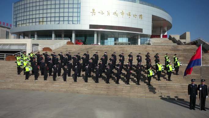 4K-人民警察集体队伍敬礼警旗航拍