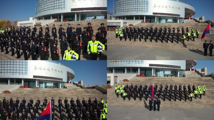 4K-人民警察集体队伍敬礼警旗航拍