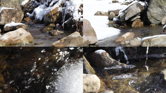 冰冻的小河河水流淌