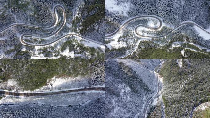 白雪覆盖下的盘山公路航拍素材