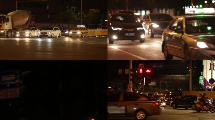 城市夜晚街道景象车流行人红绿灯空镜