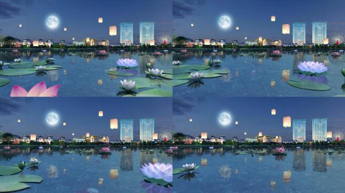 湖水古建夜景月亮