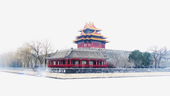 北京故宫紫禁城角楼神武门飘雪